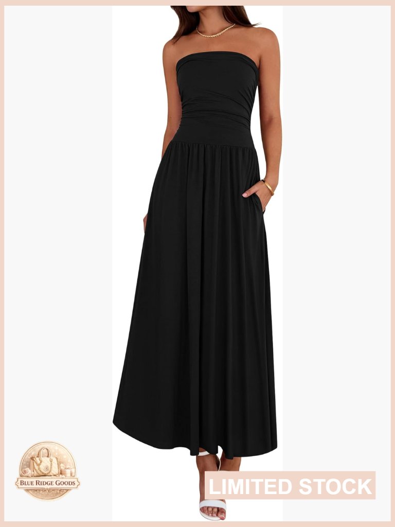 Strapless Ruched Tube Top Maxi Dress With Pockets Summer Wedding Guest